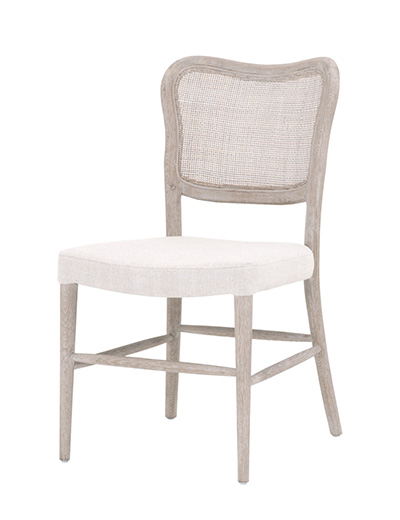Wooden arm chair with a white upholstered seat and brick pattern wood rods